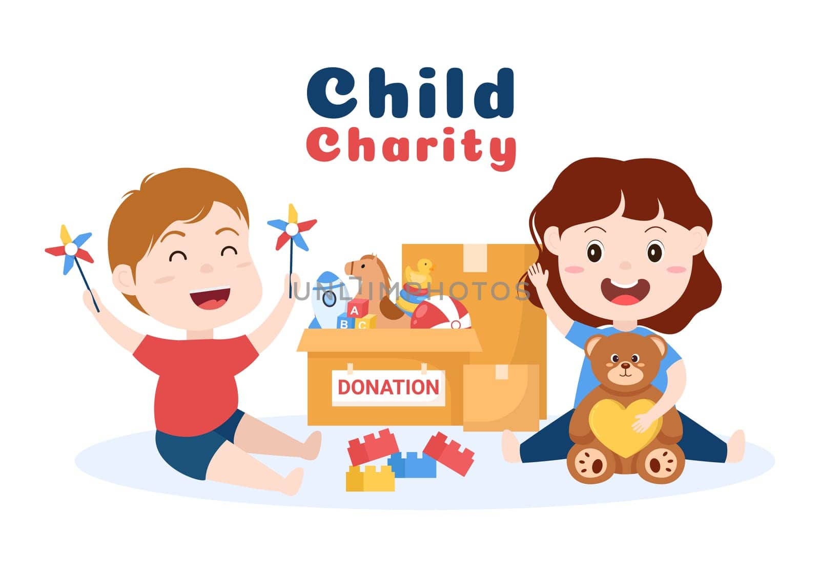 Cardboard Donation Box Containing Toys for Children, Social Care, Volunteering and Charity in Hand Drawn Cartoon Flat Illustration
