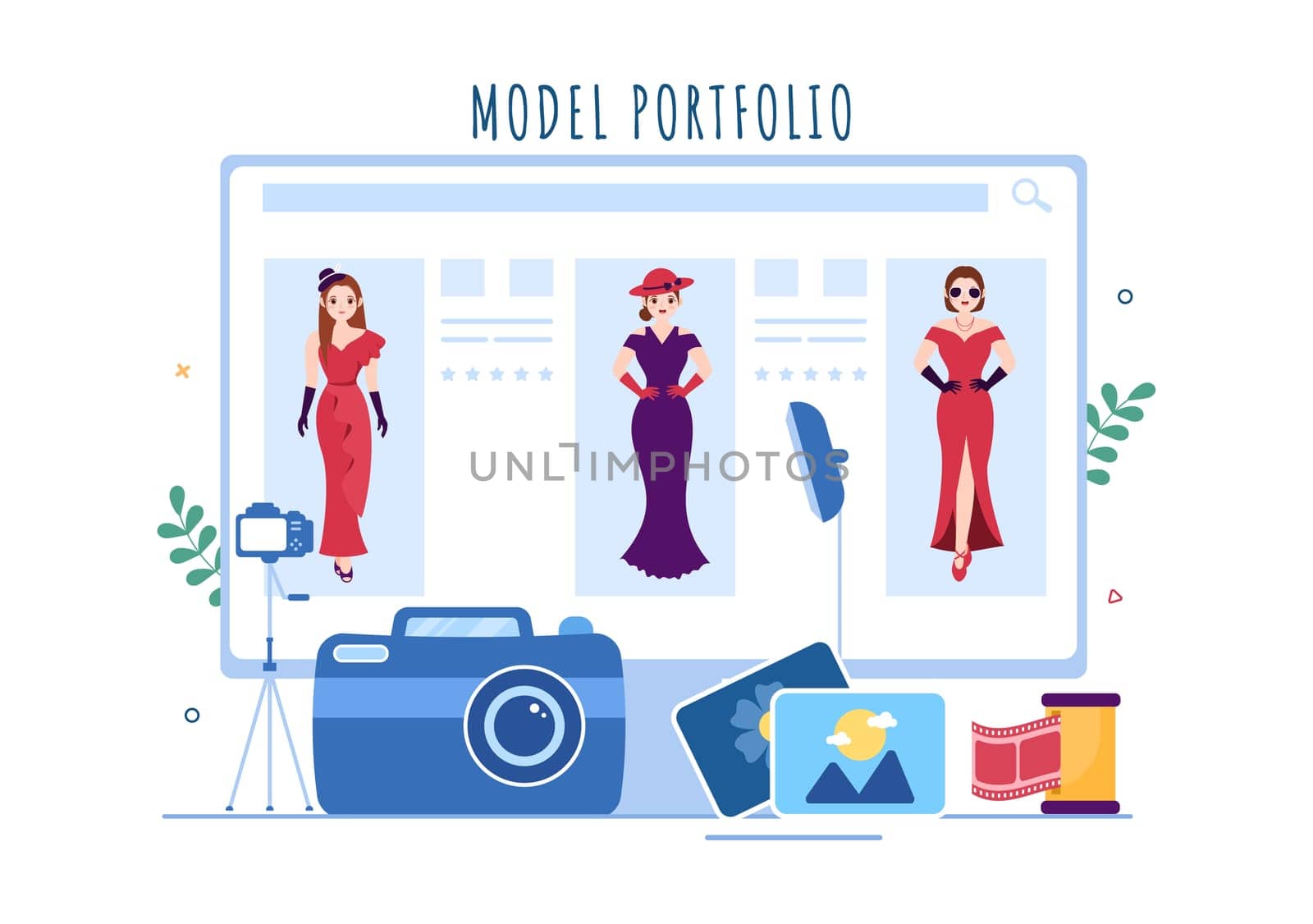 Model Portfolio Template Hand Drawn Cartoon Flat Illustration with Modeling Agency Manager and Photographer take Photos of Model in Platform Design