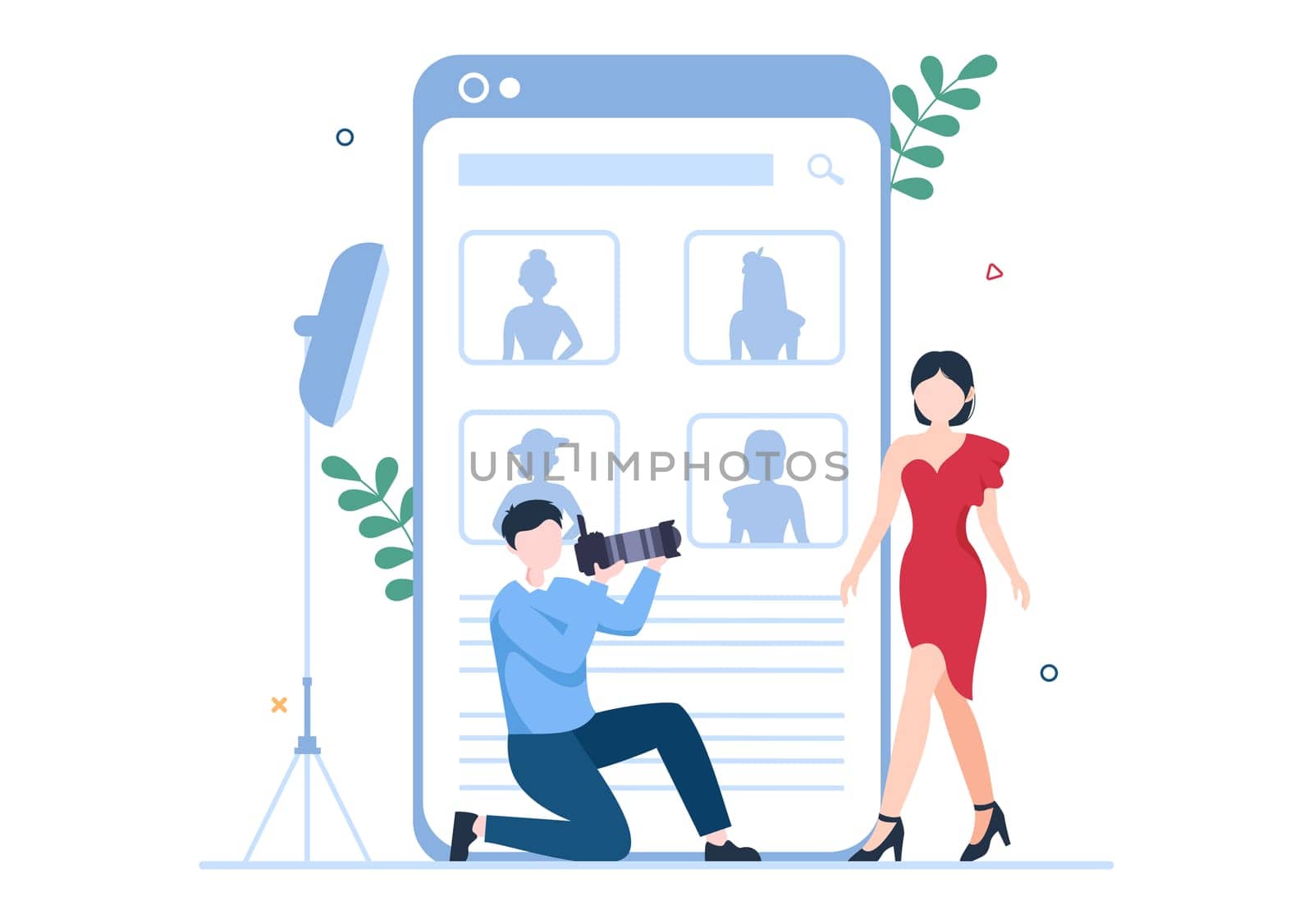 Model Portfolio Template Hand Drawn Cartoon Flat Illustration with Modeling Agency Manager and Photographer take Photos of Model in Platform Design