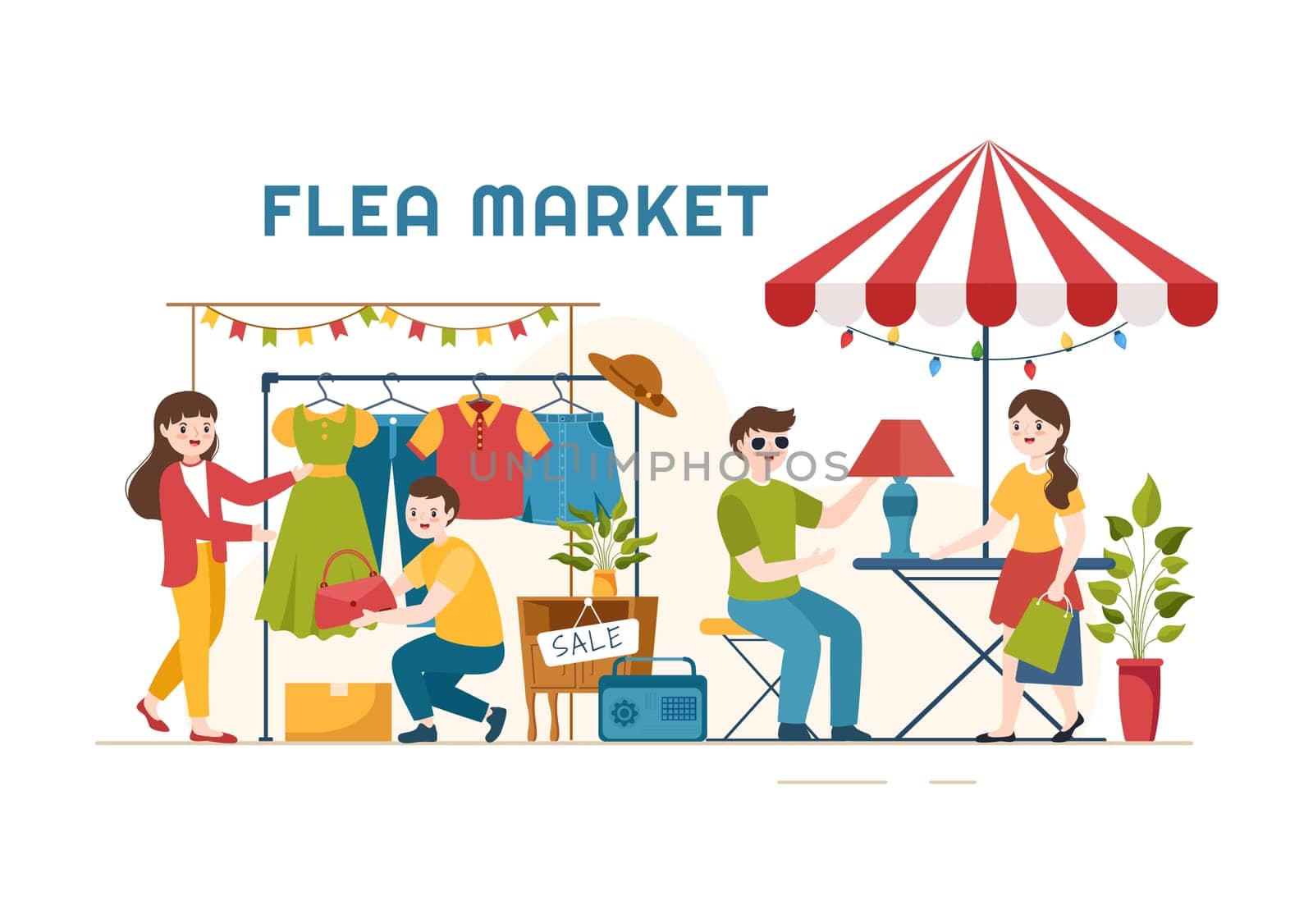 Flea Market Template Hand Drawn Cartoon Flat Illustration Second Hand Shop with Shoppers, Swap Meet, Sellers and Customers at Weekend