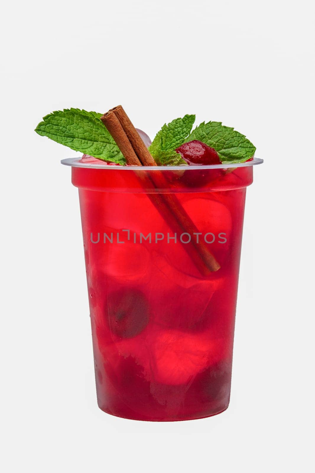 Mint and cherry lemonade in plastic take away glass
