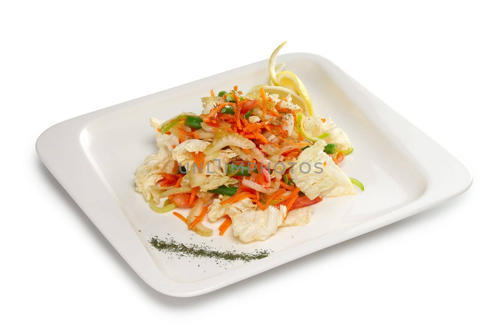 Layout for menu. Spring salad with fresh cabbage, carrot, bell pepper and beans isolated on white.