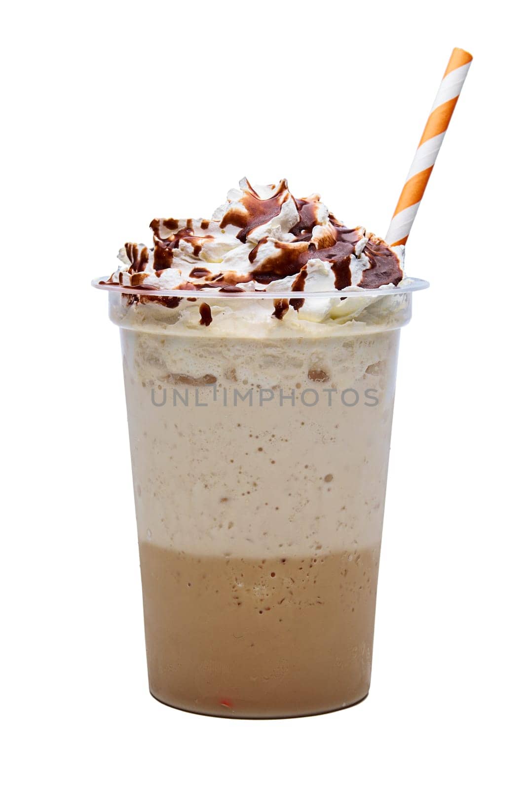 Cappuccino with whipped cream and syryp in take away plactic glass