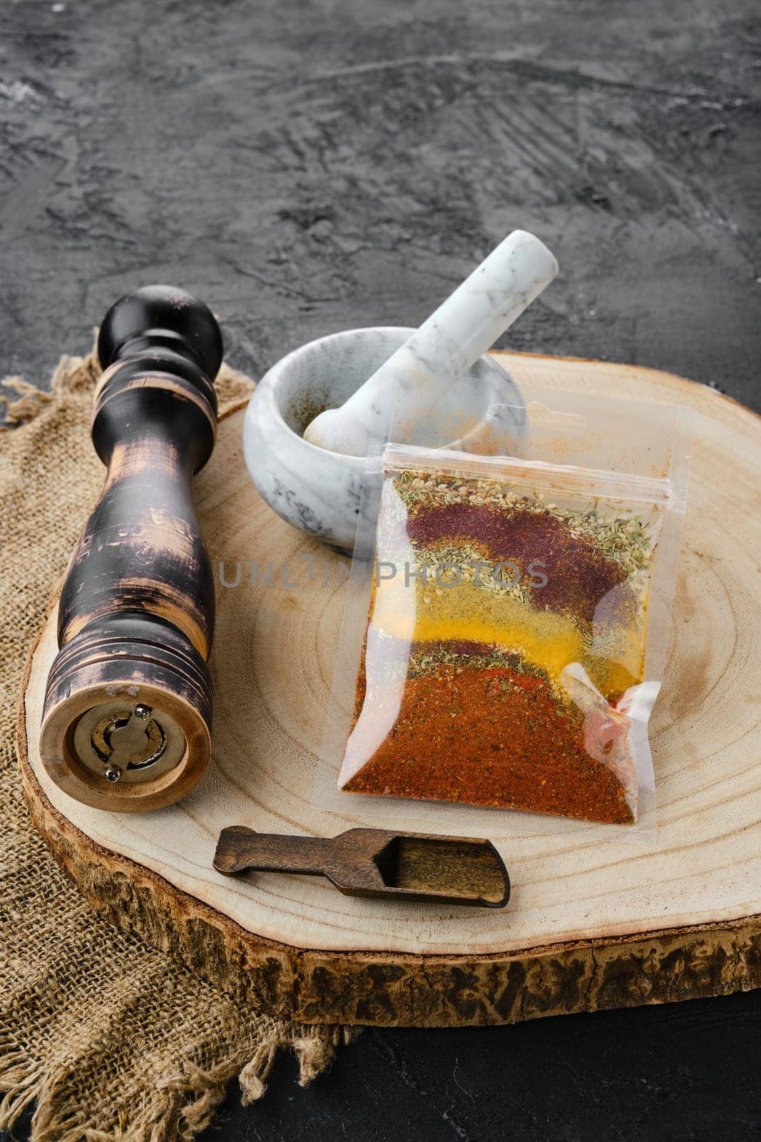 Mixture of different spices in plastic packaging