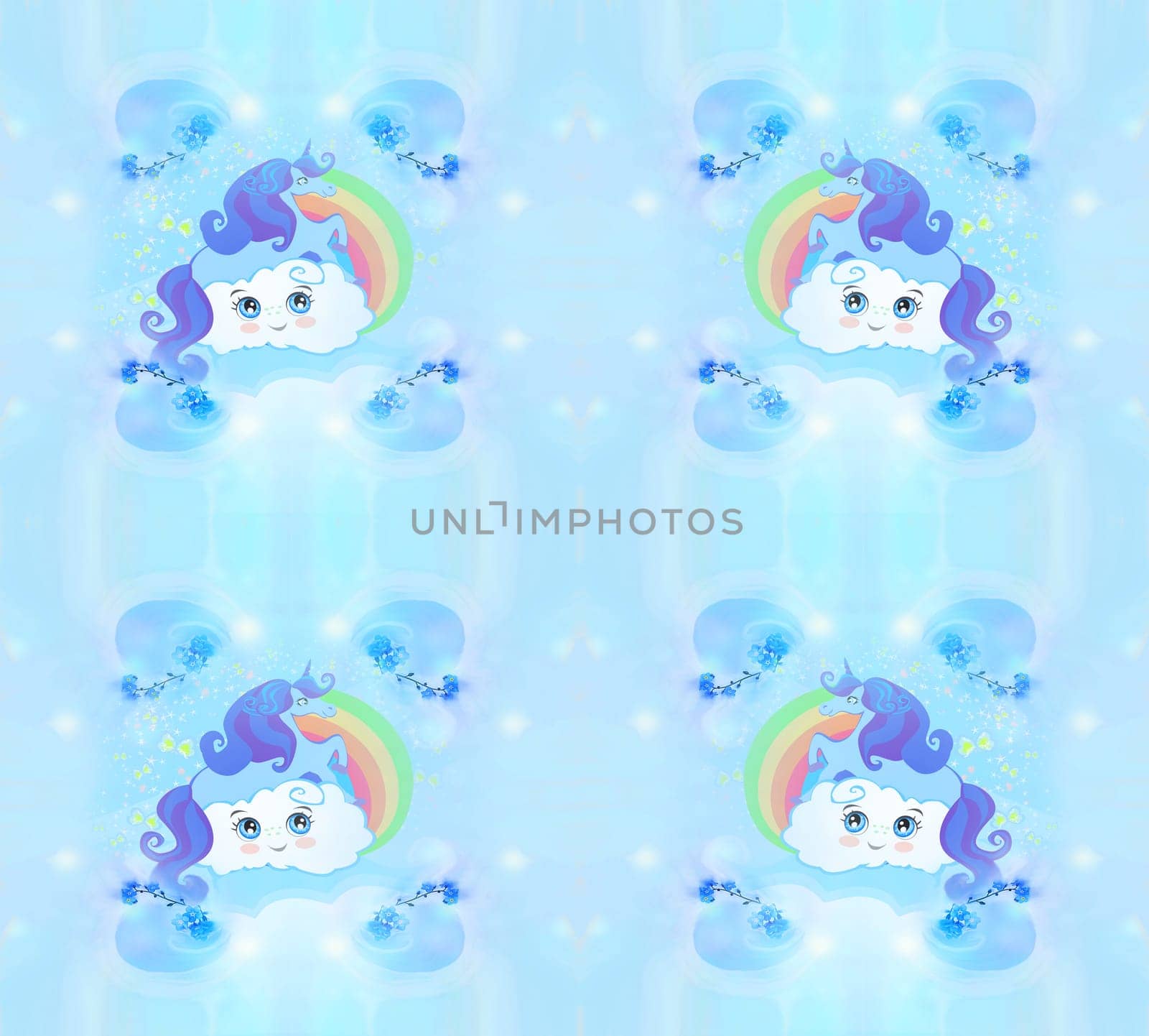 Seamless pattern with cute unicorns and rainbow