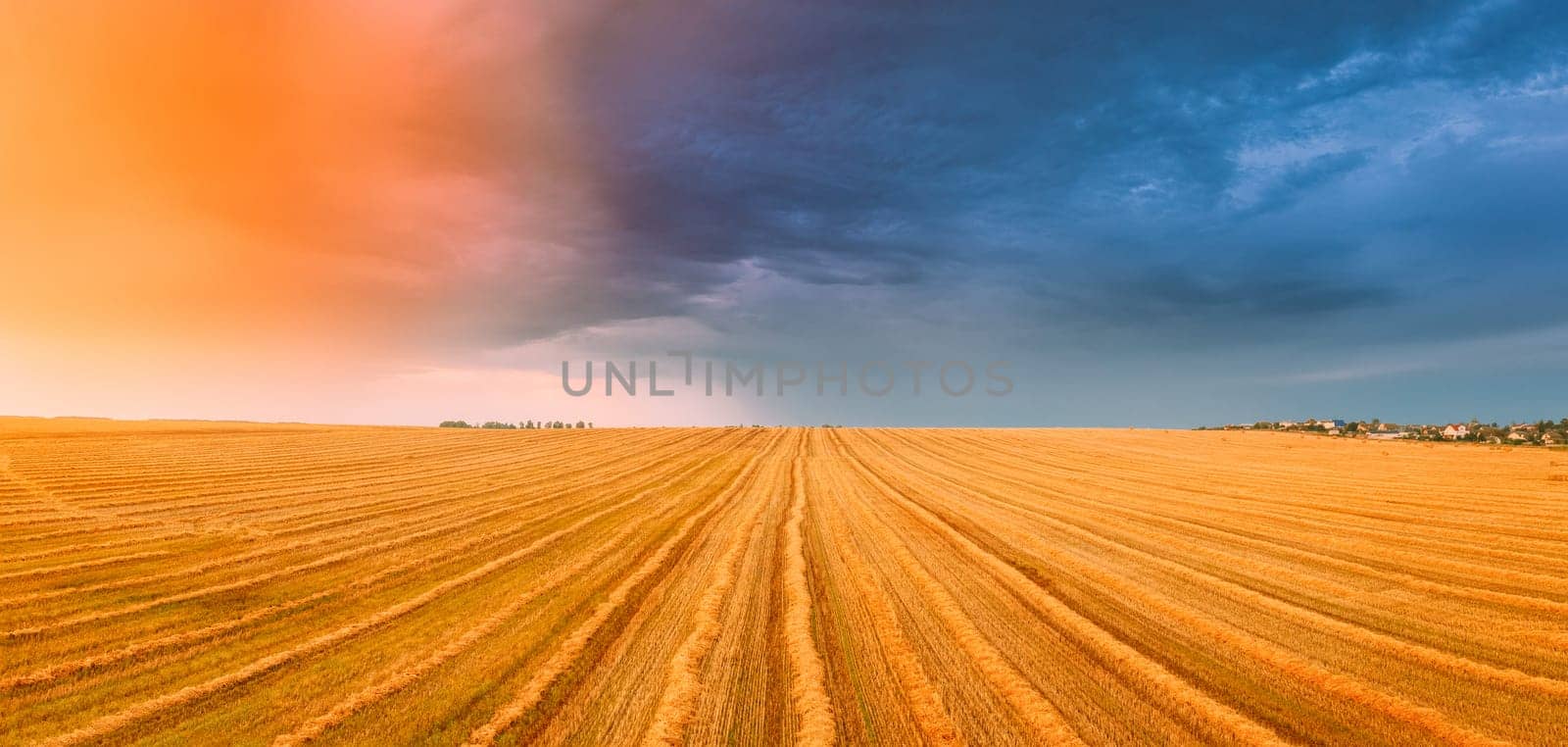 Aerial View Of Sunset Sunrise Bright Sky Above Summer Hay Field Landscape In Evening Sunset. Cut Dry Grass Turned Into Straw Has Not Yet Been Removed From Field. Panorama.