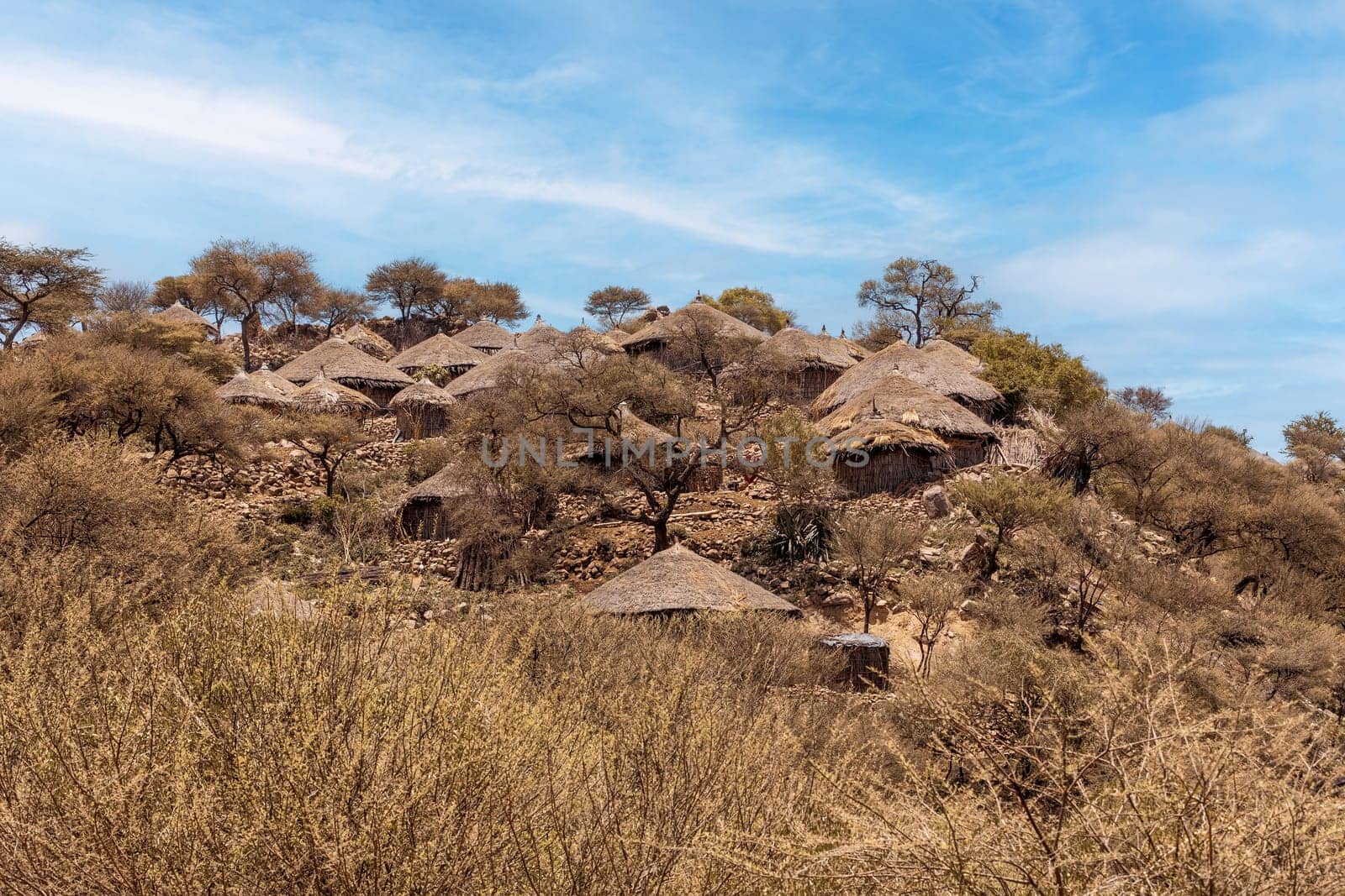 Beautiful north Simien mountain landscape with traditional ethiopian houses in valley. Amhara region, Ethiopia, Africa.