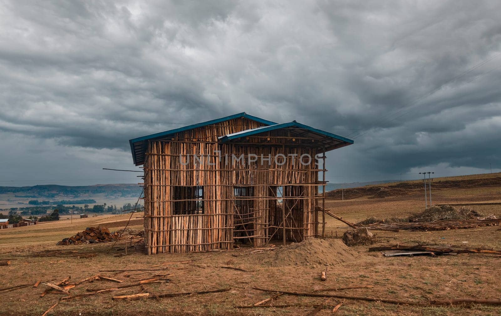 Traditional primitive farmer wooden farmhouse for cow in Amhara Region, Ethiopia