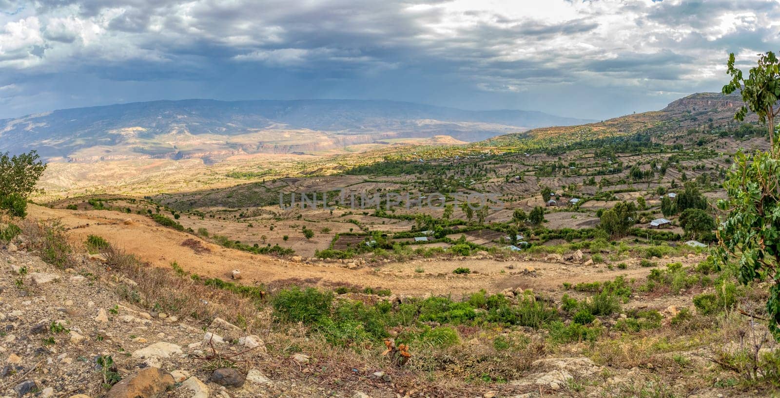 Beautiful highland landscape with traditional ethiopian houses in valley. Ethiopia, Africa.