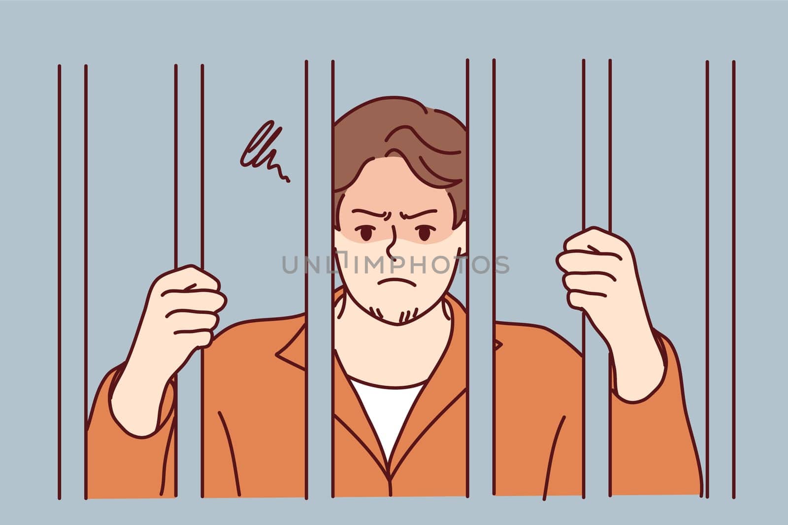Unhappy man in robe behind bars in jail. Angry male criminal imprisoned for crime or misdemeanor. Imprisonment and sentence. Vector illustration.