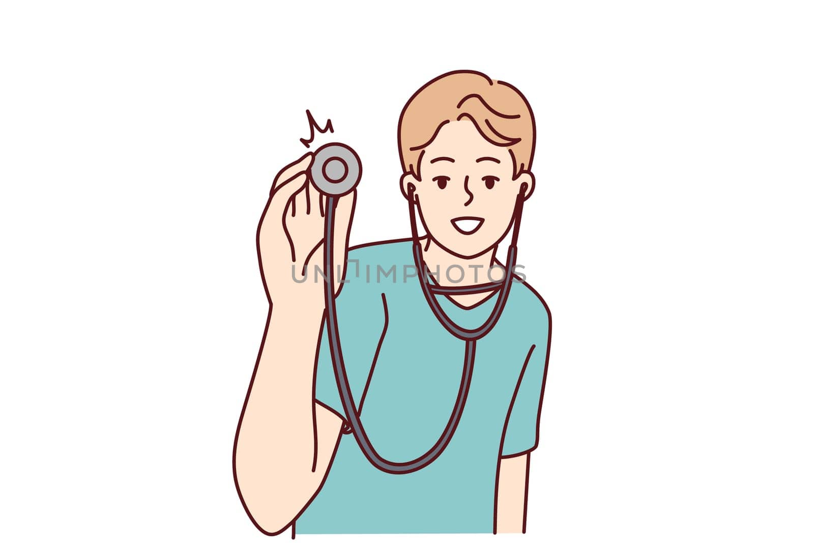 Smiling male doctor with stethoscope ready to examine patient in hospital. Happy man therapist or GP with phonendoscope. Vector illustration.