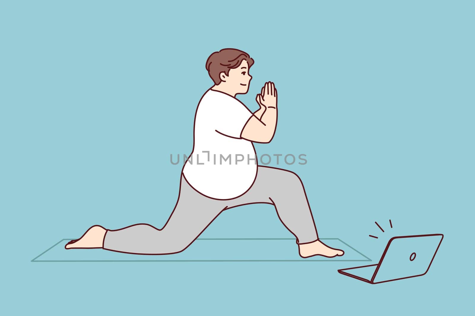Fat man in sportswear training on mat with online video lesson on computer. Overweight male do sports exercise with classes on internet on laptop. Healthy life and weight loss. Vector illustration.
