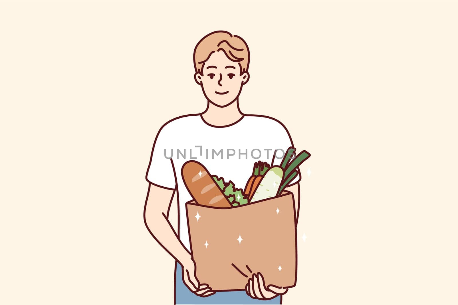 Portrait of smiling young man with bag with groceries. Happy guy holding package with goods and products. Shopping and nutrition. Vector illustration.