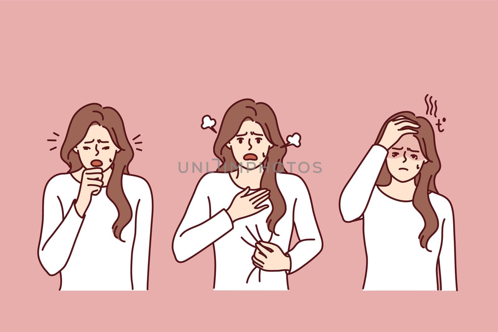 Unhealthy woman suffer from covid-19 symptoms. Unwell girl struggle from coronavirus have cough and shortness of breath. Vector illustration.