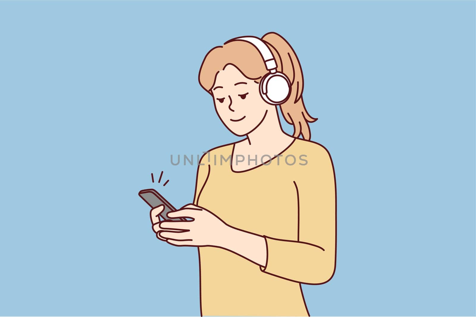Happy young woman in headphones listen to music on smartphone. Smiling girl in earphones enjoy good quality sound on cellphone. Vector illustration.