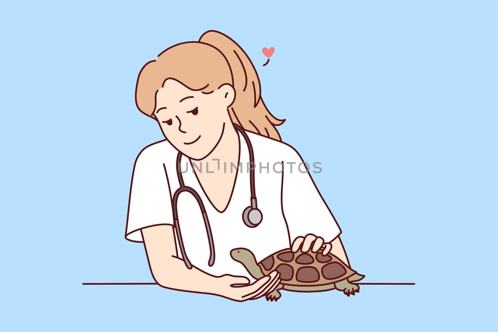 Smiling female veterinarian take care of turtle in hospital. Happy woman vet doctor cure small domestic pet in clinic. Vector illustration.