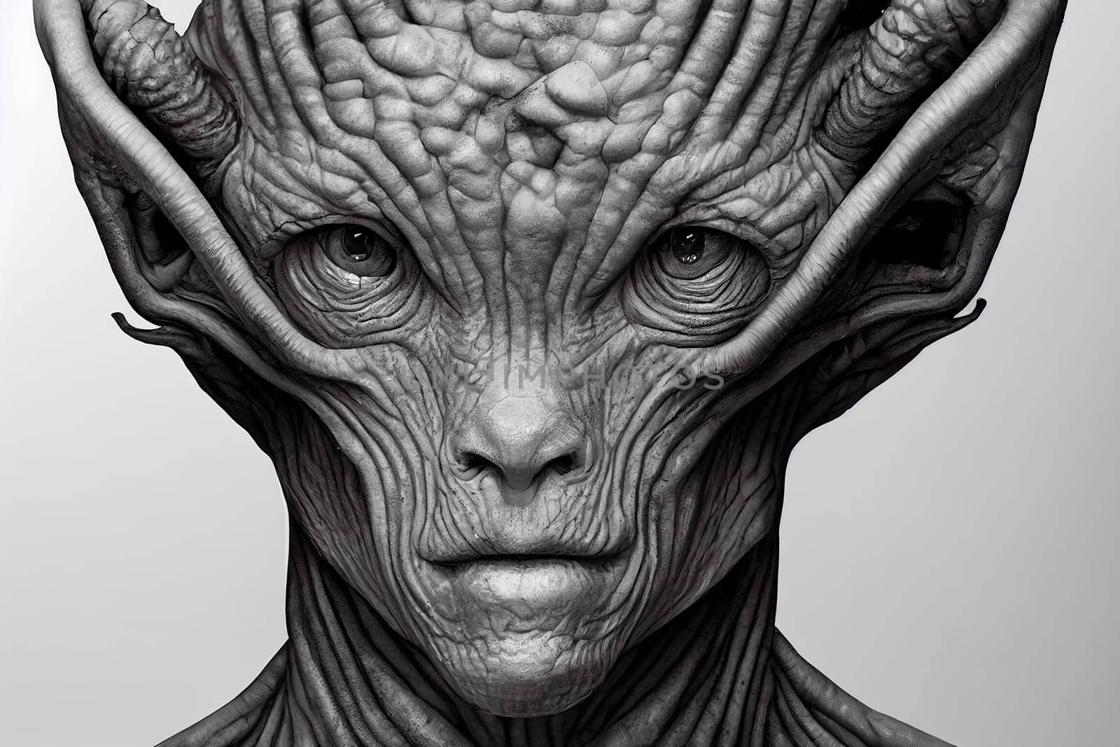 Portrait of an alien, science fiction of extraterrestrial invasion, visit of the greys, conspiracy of paranormal civilization