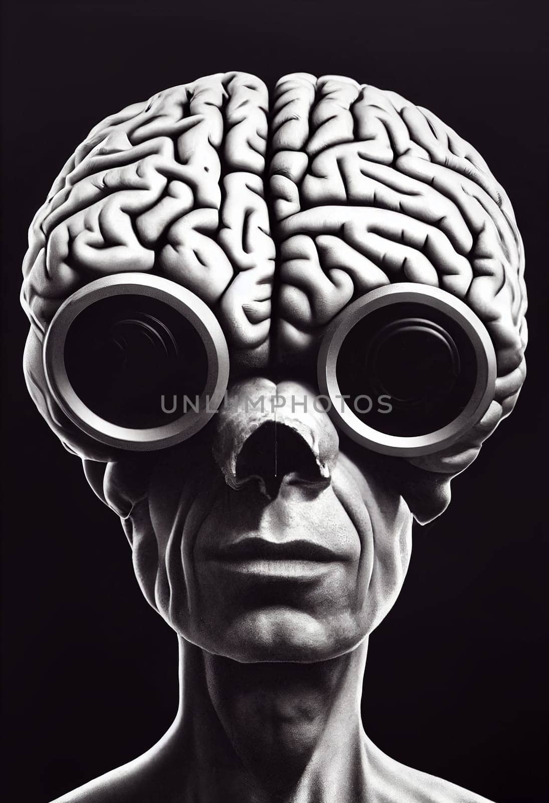 Illustration of a surreal portrait of a man with a brain and eyeglasses, skull face with broken nose, transhuman and articial intelligence
