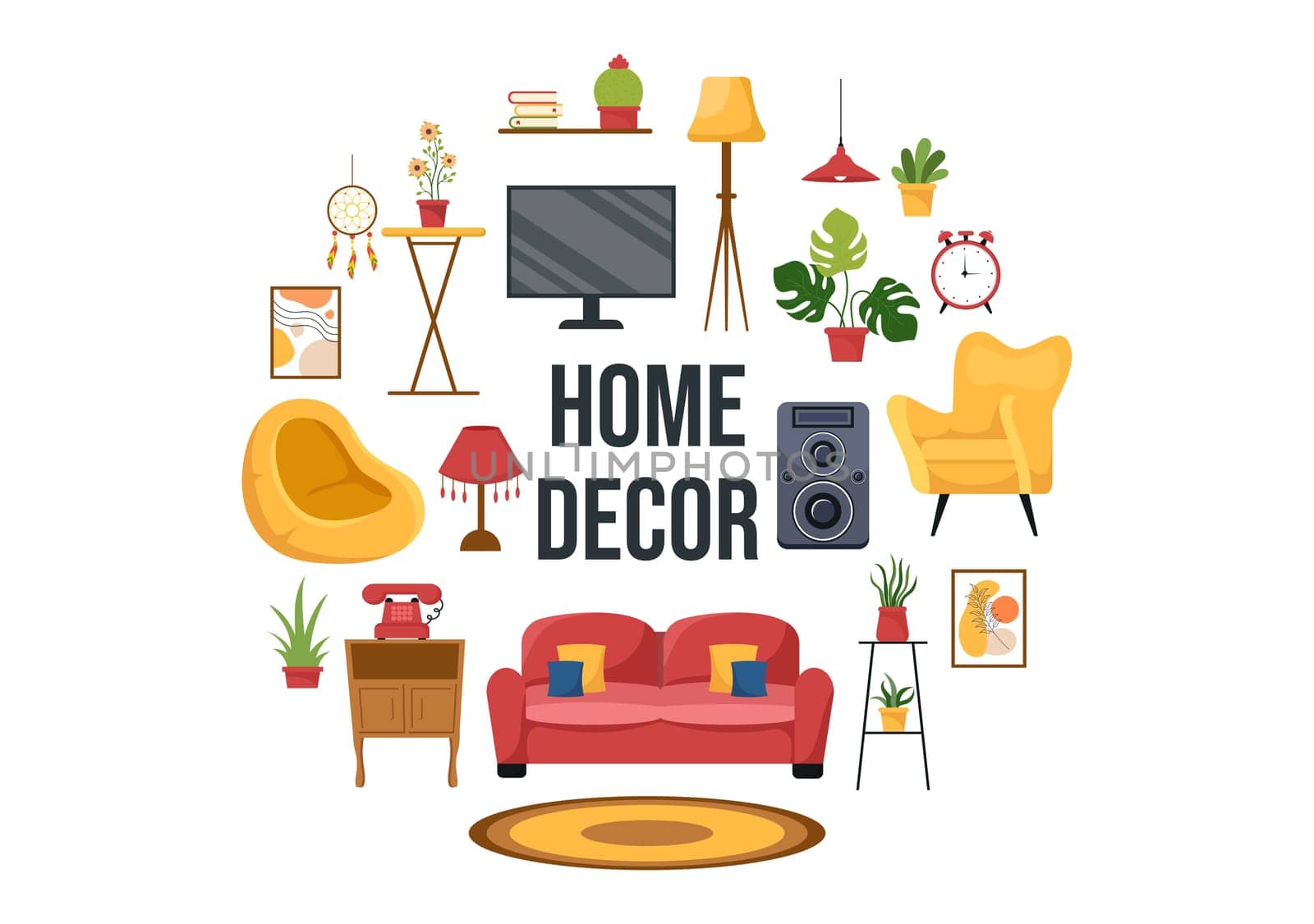 Home Decor Template Hand Drawn Cartoon Illustration The set of Furniture and Living Room Interior in Flat Style Design