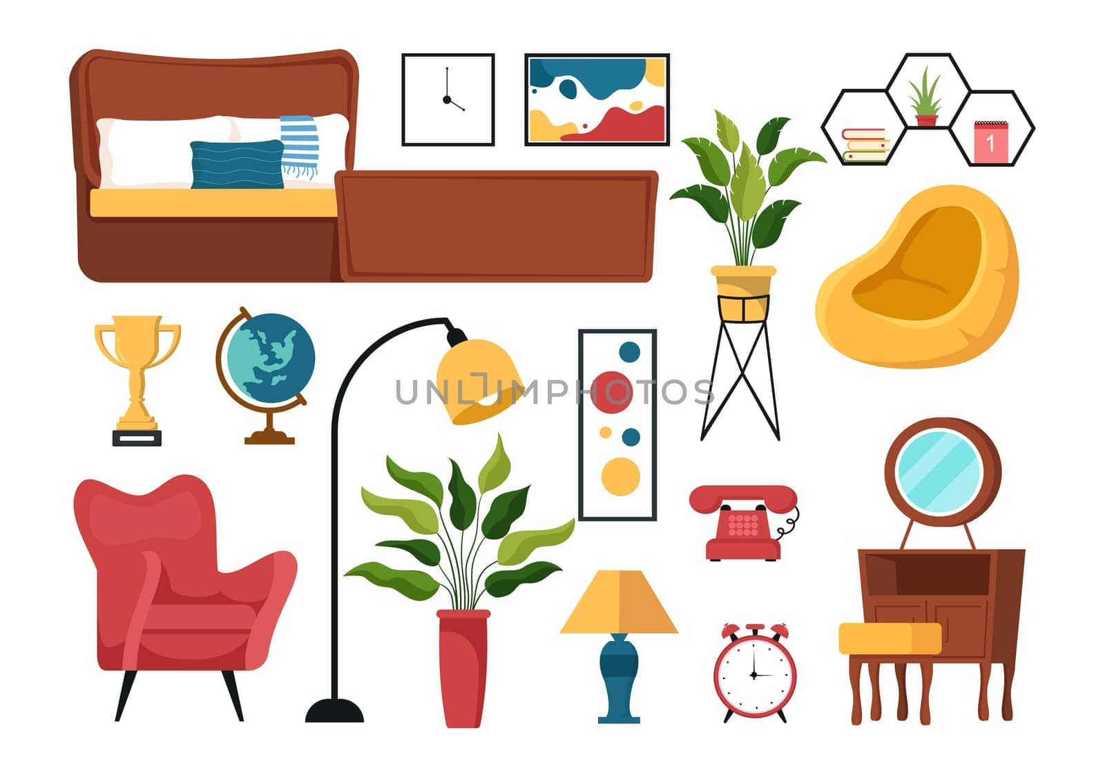 Home Decor Template Hand Drawn Cartoon Illustration The set of Furniture and Living Room Interior in Flat Style Design