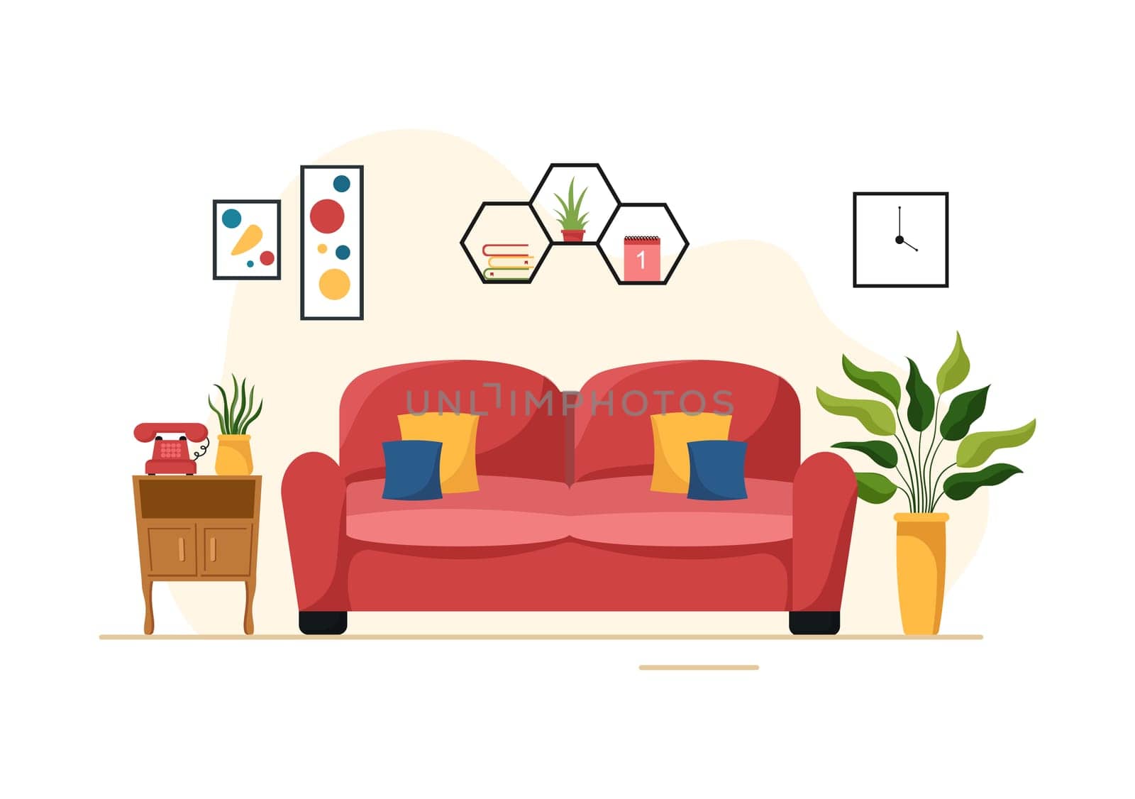 Home Decor Template Hand Drawn Cartoon Illustration The set of Furniture and Living Room Interior in Flat Style Design