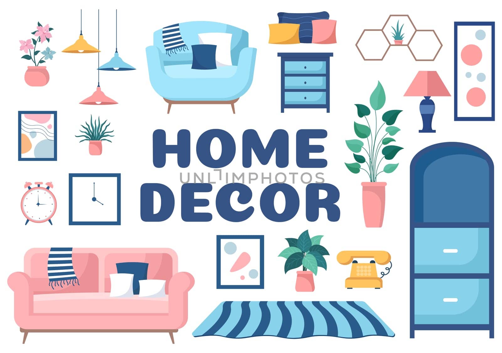 Home Decor Template Hand Drawn Cartoon Illustration The set of Furniture and Living Room Interior in Flat Style Design