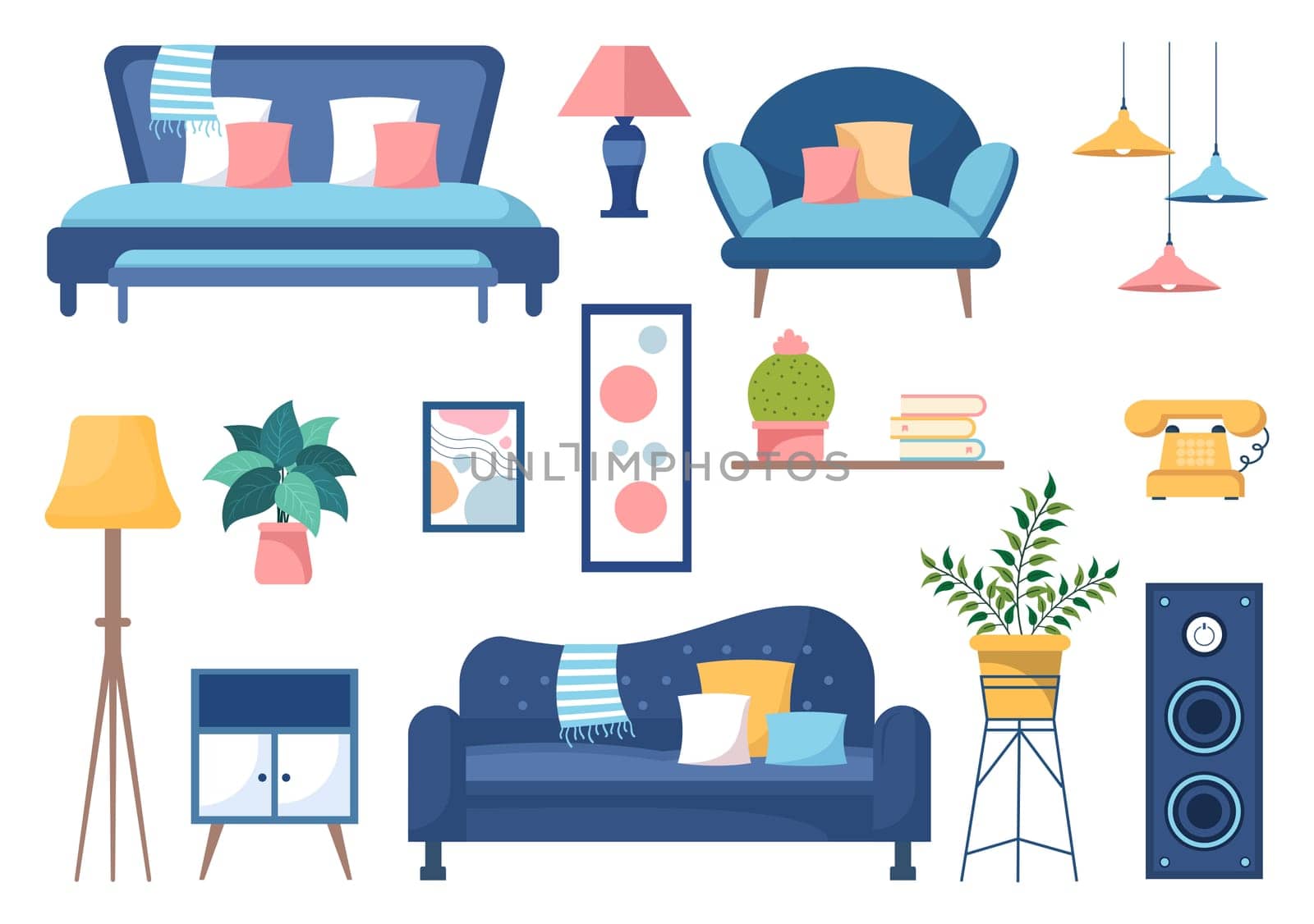 Home Decor Template Hand Drawn Cartoon Illustration The set of Furniture and Living Room Interior in Flat Style Design