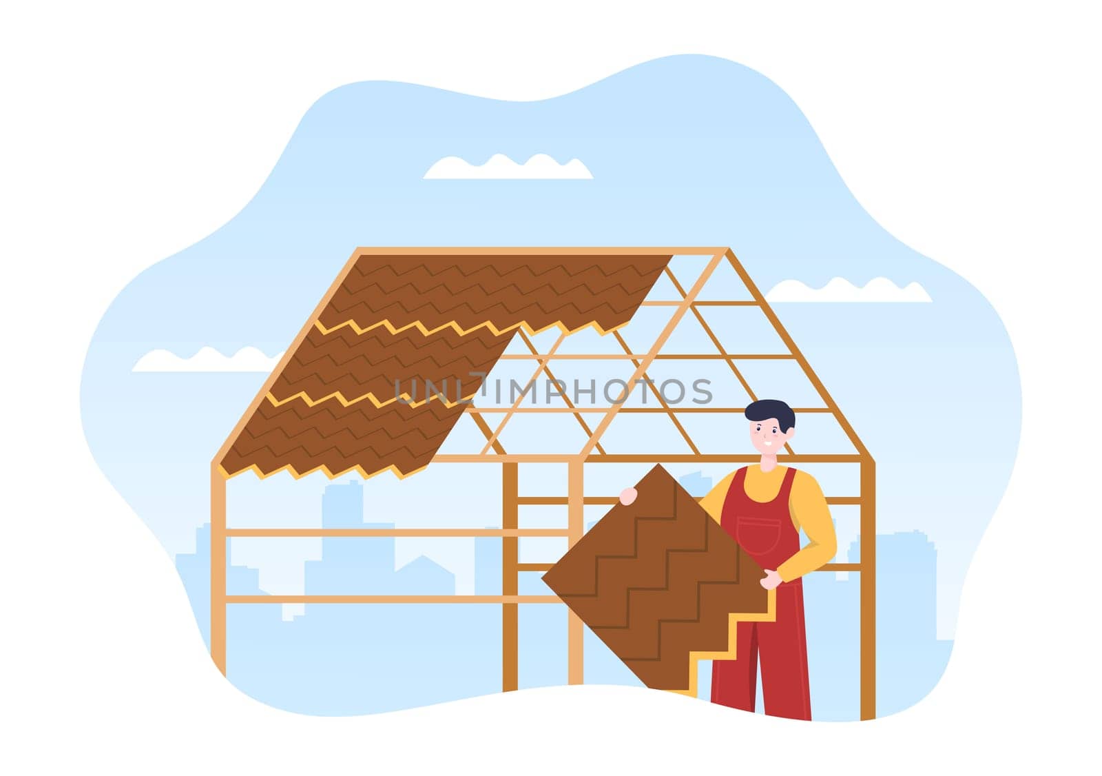 Roofing Construction Workers Template Hand Drawn Cartoon Flat Illustration with Housetop Renovation, Fixing Rooftop Tile House and Roof Reconstruction