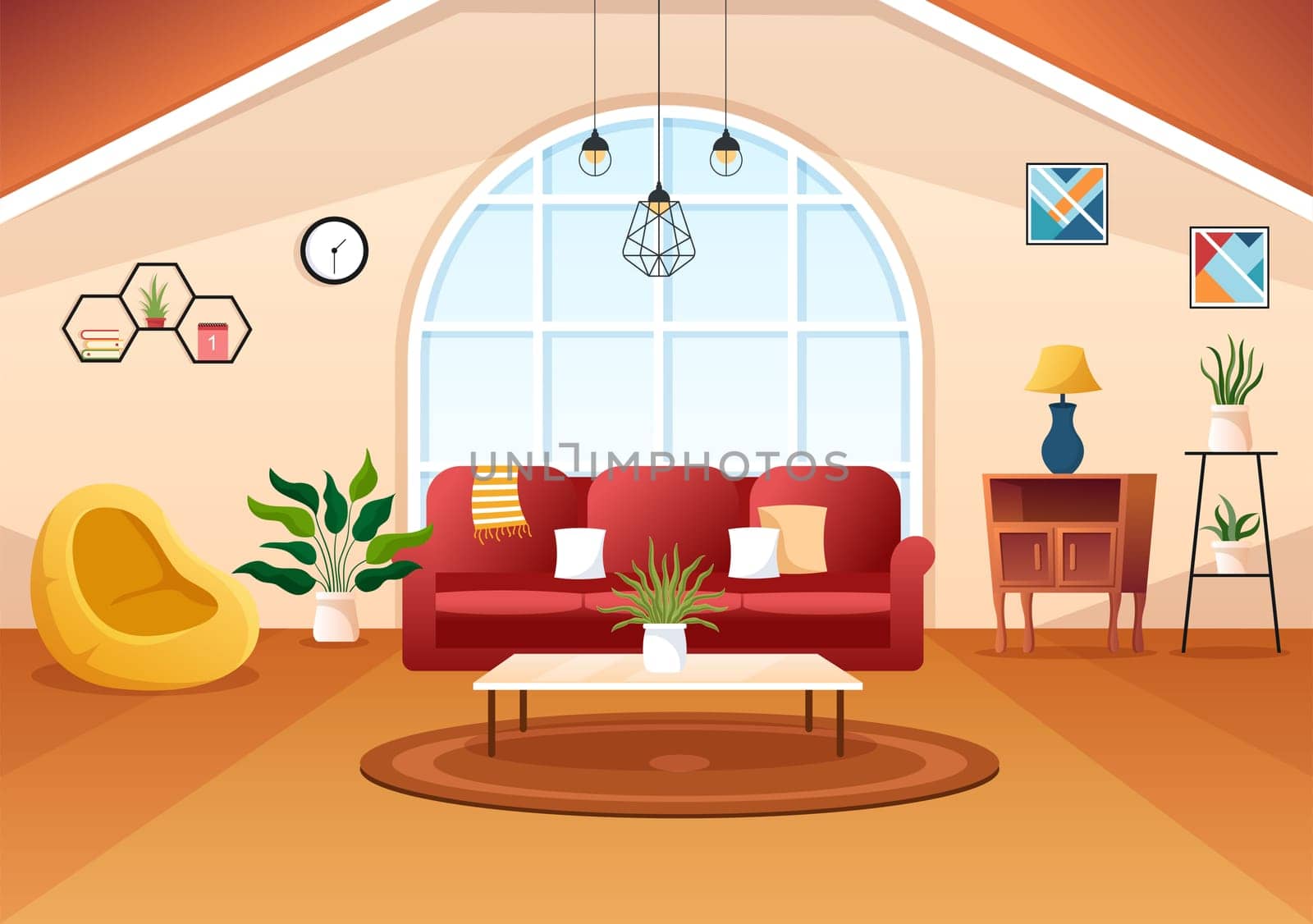 Home Decor Template Hand Drawn Cartoon Illustration The set of Furniture and Living Room Interior in Flat Style Design