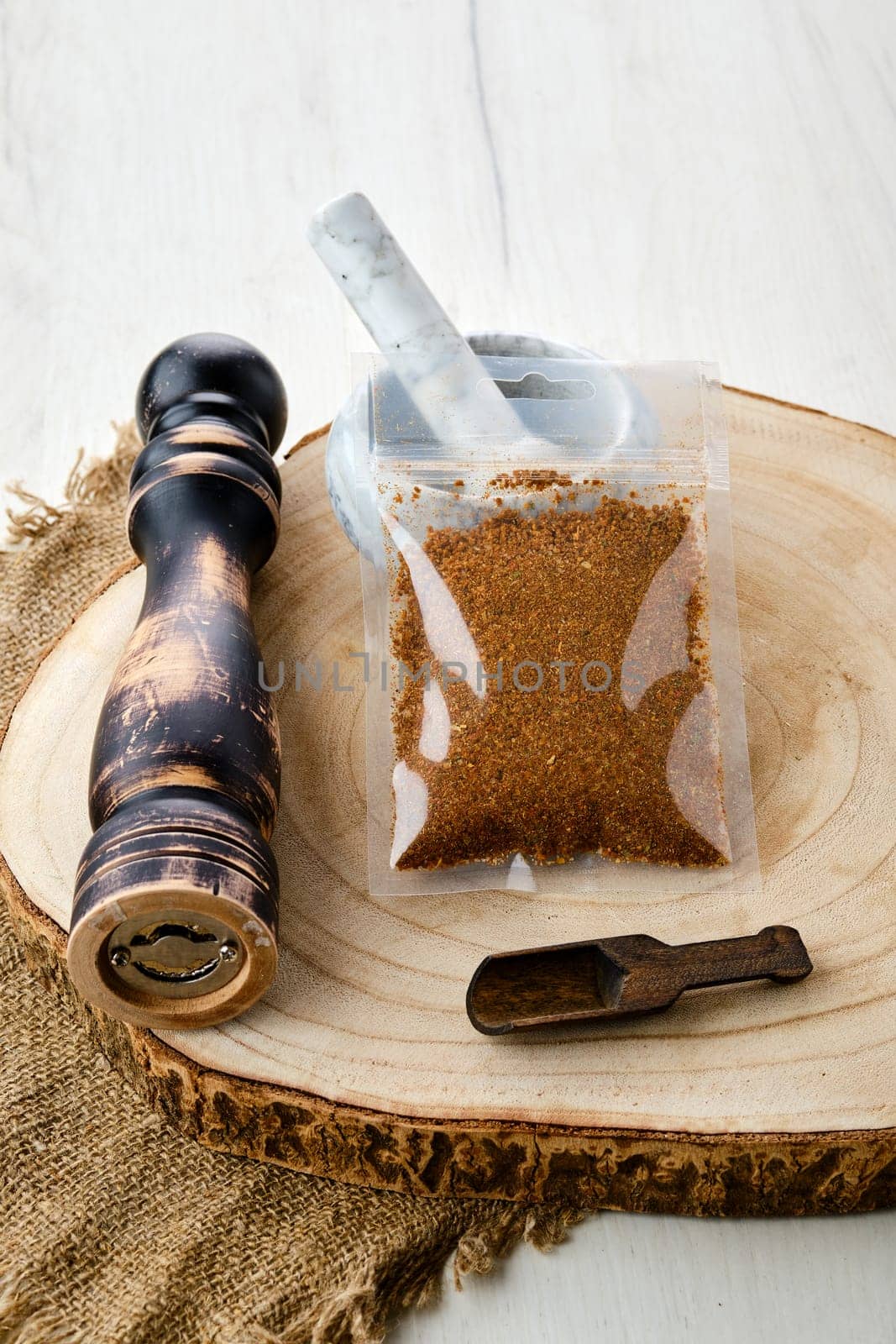 Mixture of different spices in plastic packaging