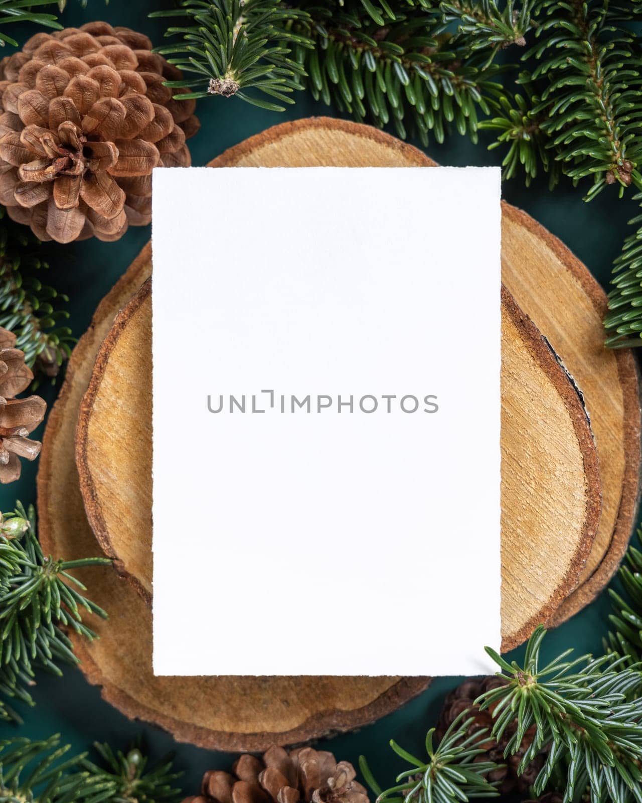 Vertical blank card between fir branches and pine cones on green top view mockup. Christmas or New Year greeting card template, Holiday winter composition