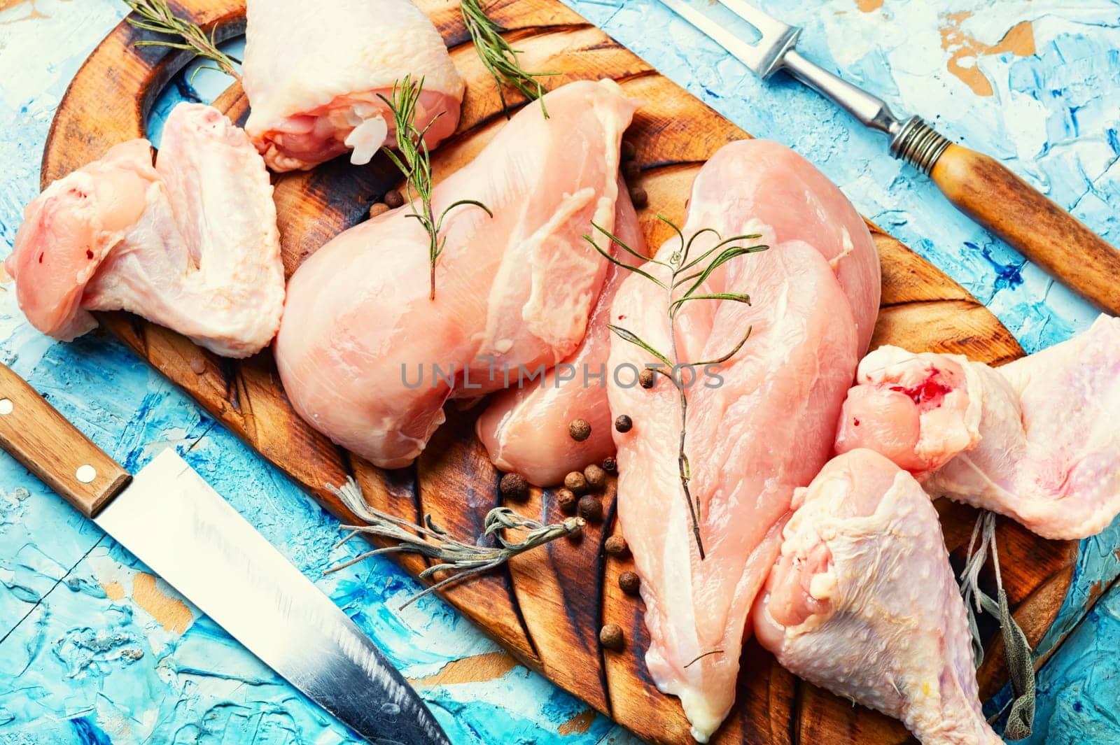 Pieces of raw poultry meat and spices for meat. Chicken meat, uncooked