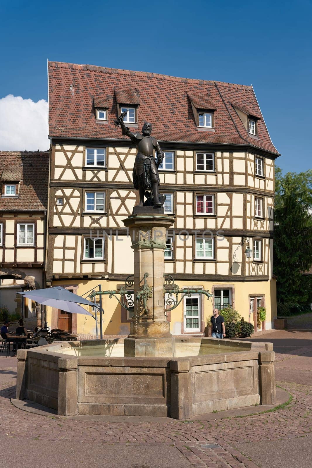 historical old town with the fountain in honor of Lazarus von Schwendi in Colmar in France