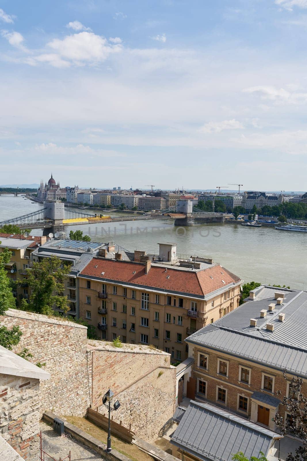 View from Buda district to Pest in Budapest. The Chain Bridge connects both parts of Budapest