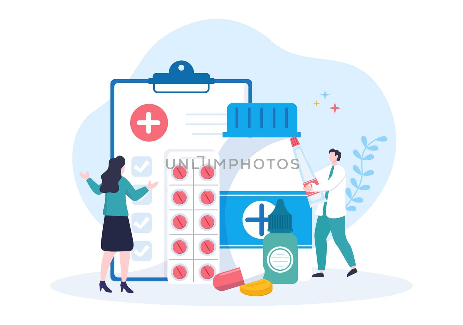 Drug Store Template Hand Drawn Cartoon Flat Illustration Shop for the Sale of Drugs, a Pharmacist, Medicine, Capsules and Bottle