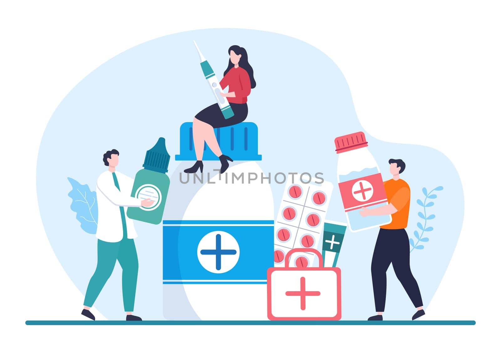 Drug Store Template Hand Drawn Cartoon Flat Illustration Shop for the Sale of Drugs, a Pharmacist, Medicine, Capsules and Bottle