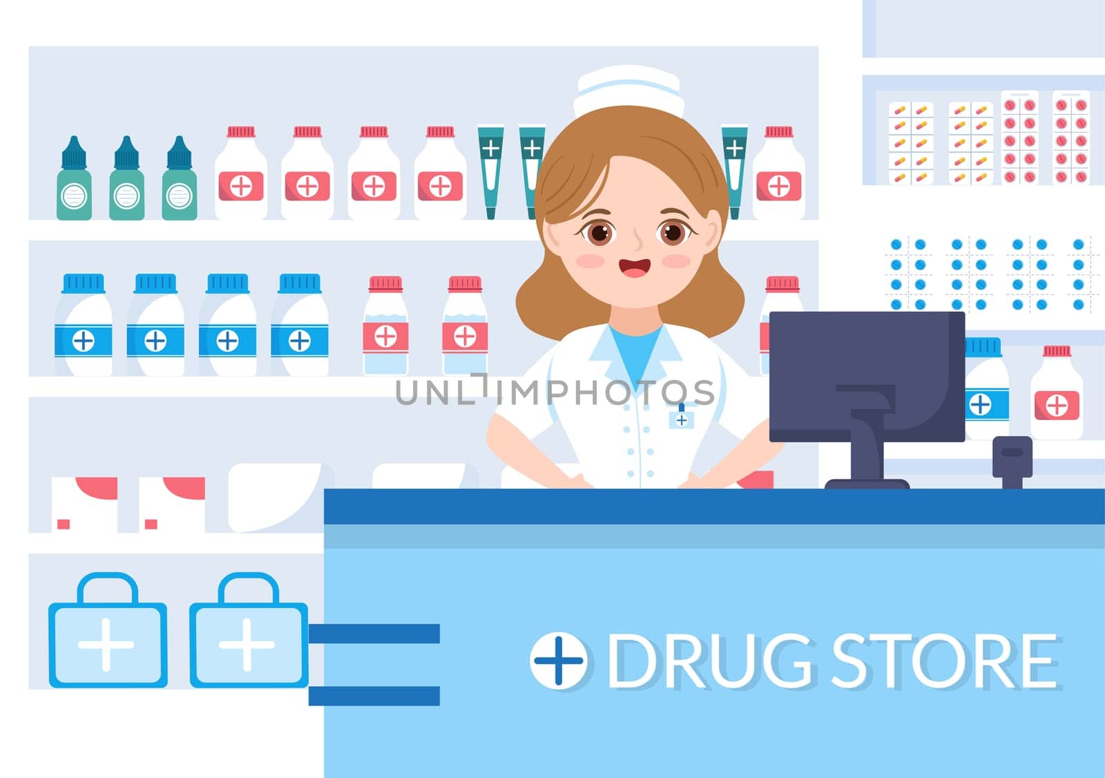 Drug Store Template Hand Drawn Cartoon Flat Illustration Shop for the Sale of Drugs, a Pharmacist, Medicine, Capsules and Bottle