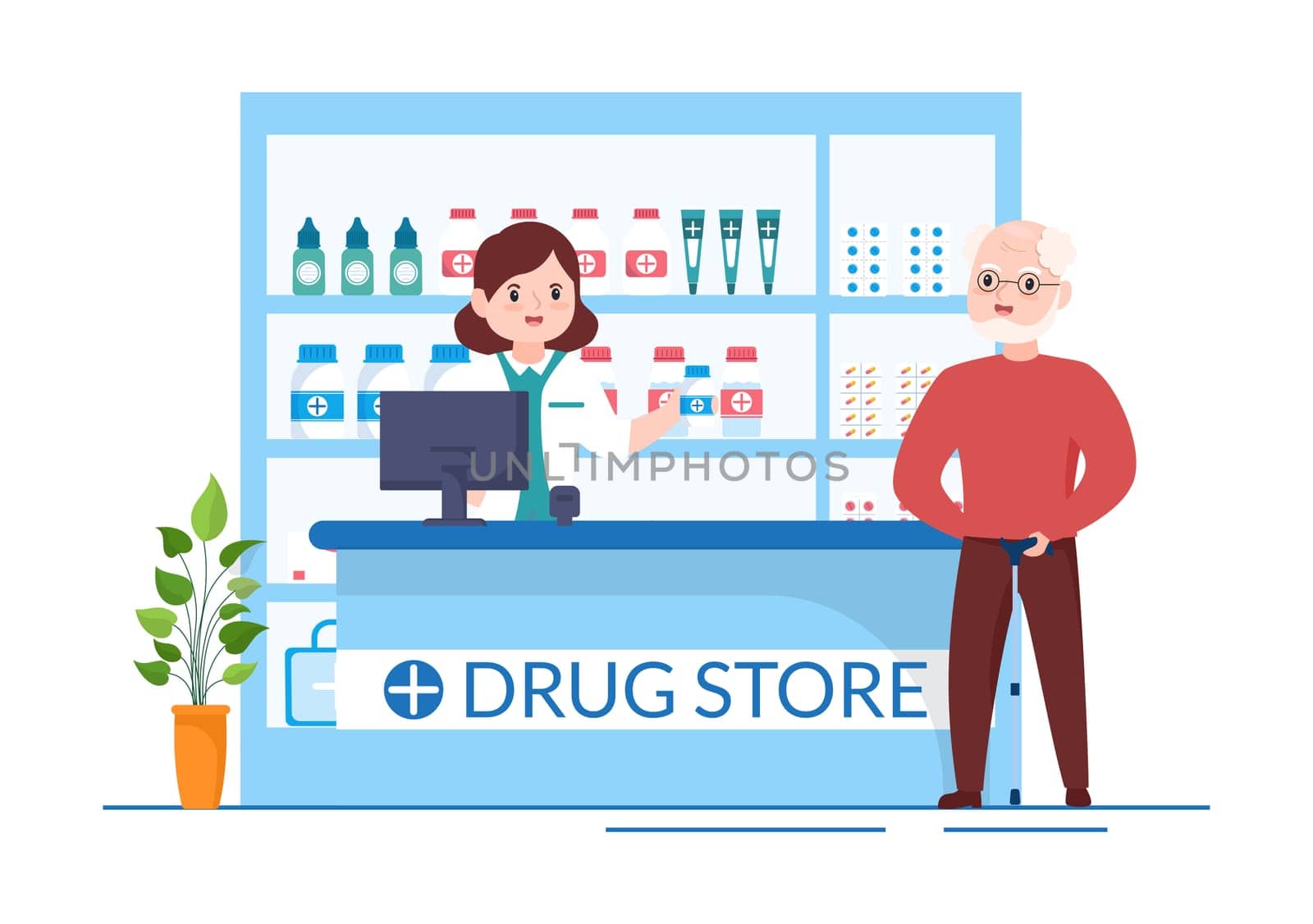 Drug Store Template Hand Drawn Cartoon Flat Illustration Shop for the Sale of Drugs, a Pharmacist, Medicine, Capsules and Bottle