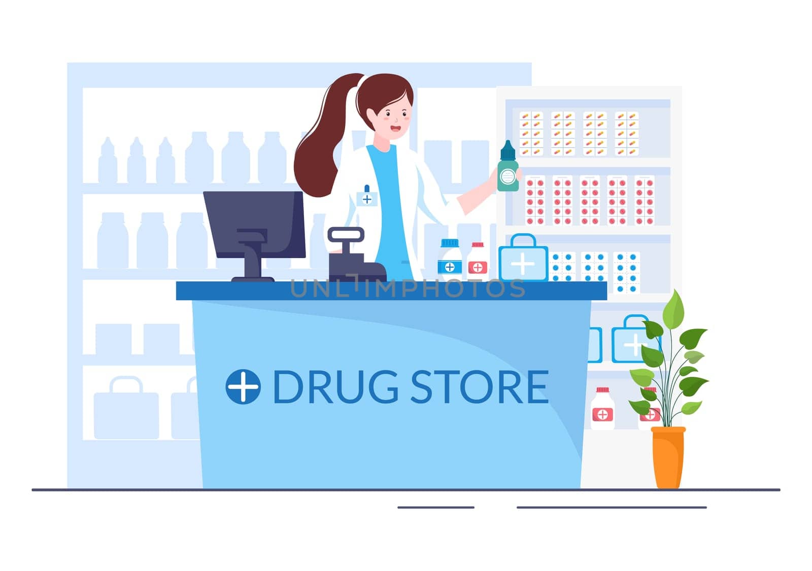 Drug Store Template Hand Drawn Cartoon Flat Illustration Shop for the Sale of Drugs, a Pharmacist, Medicine, Capsules and Bottle