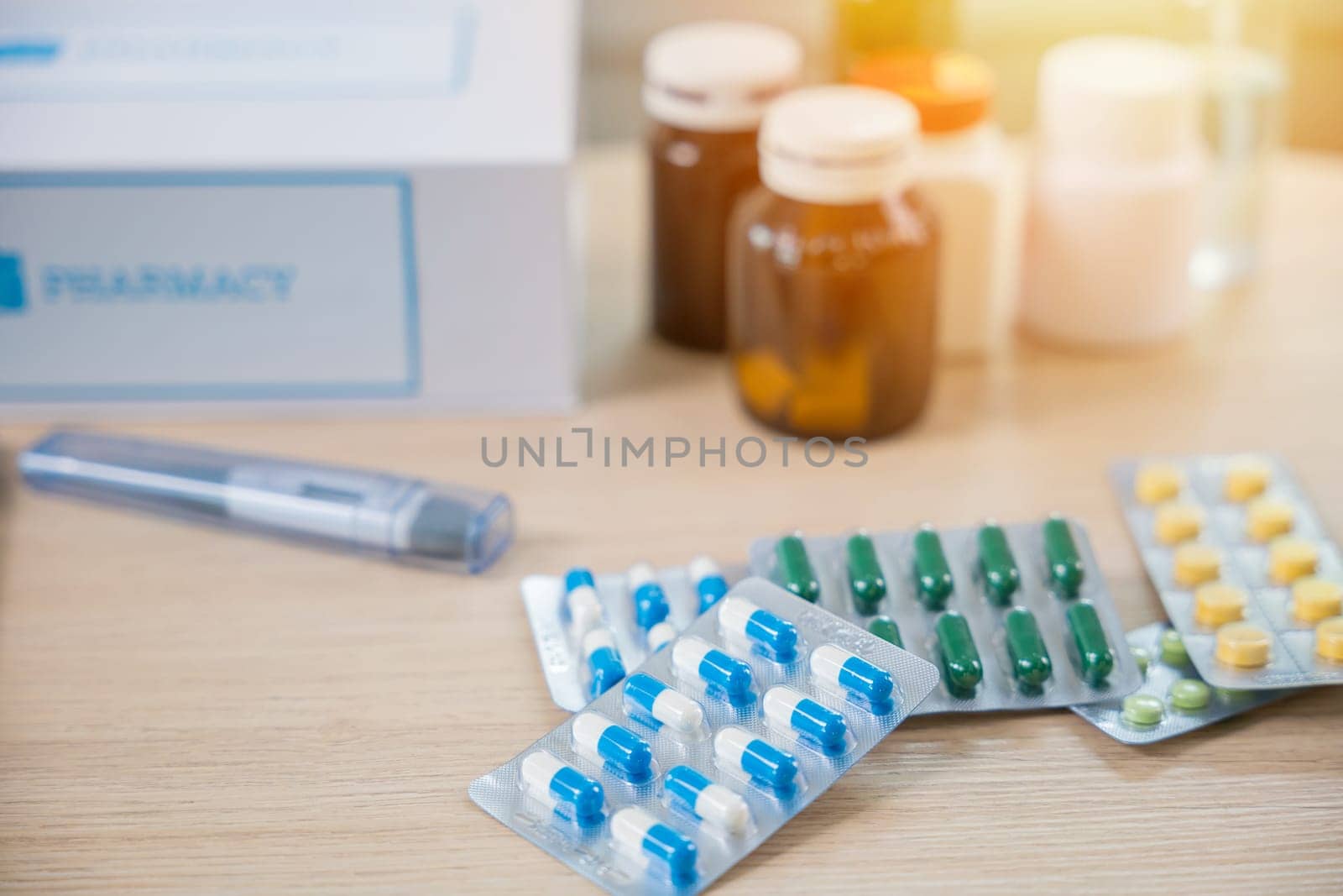 Online purchase delivery of medicines to your home from drugstore, Home medicine with medicine package box free first aid kit with pills from pharmacy hospital delivery service on table in living room