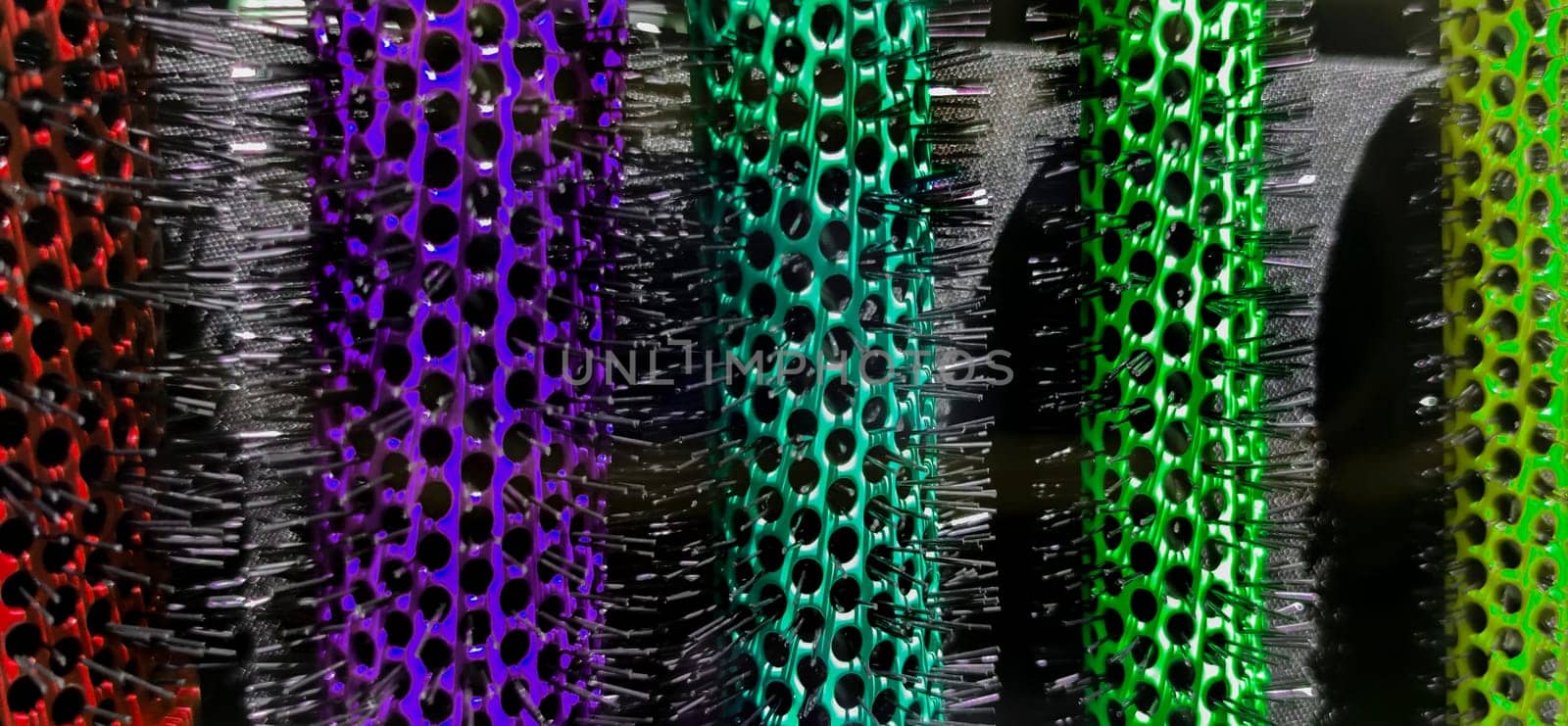 Colorful set of round hairbrushes. Close up photo