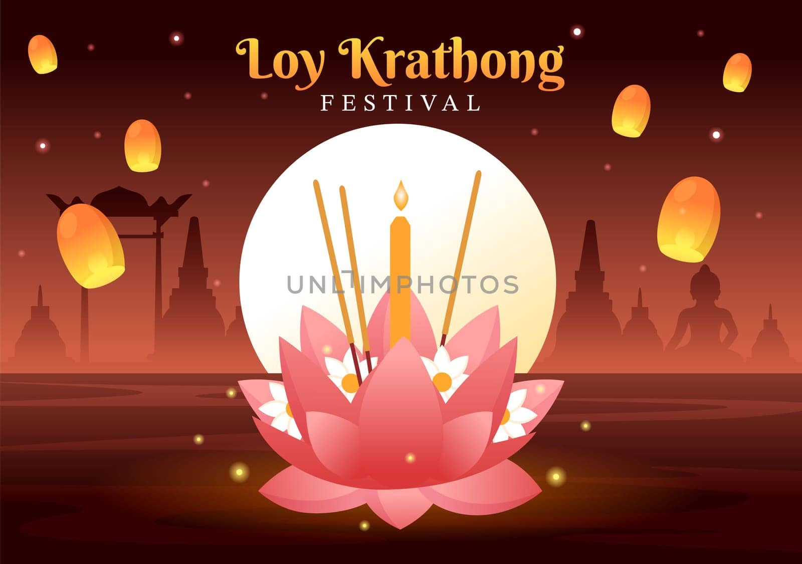 Loy Krathong Festival Celebration in Thailand Template Hand Drawn Cartoon Flat Illustration with Lanterns and Krathongs Floating on Water Design