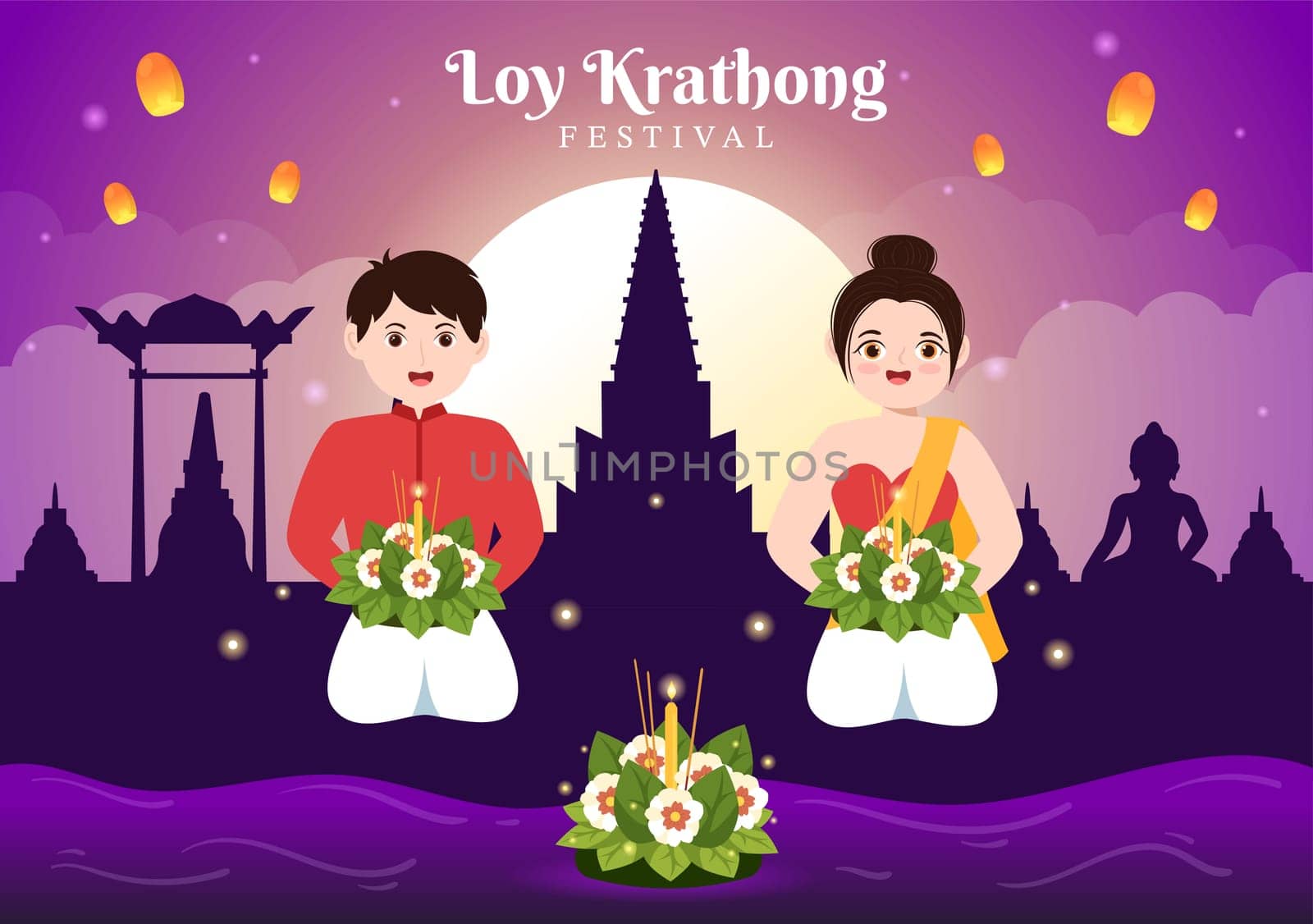 Loy Krathong Festival Celebration in Thailand Template Hand Drawn Cartoon Flat Illustration with Lanterns and Krathongs Floating on Water Design