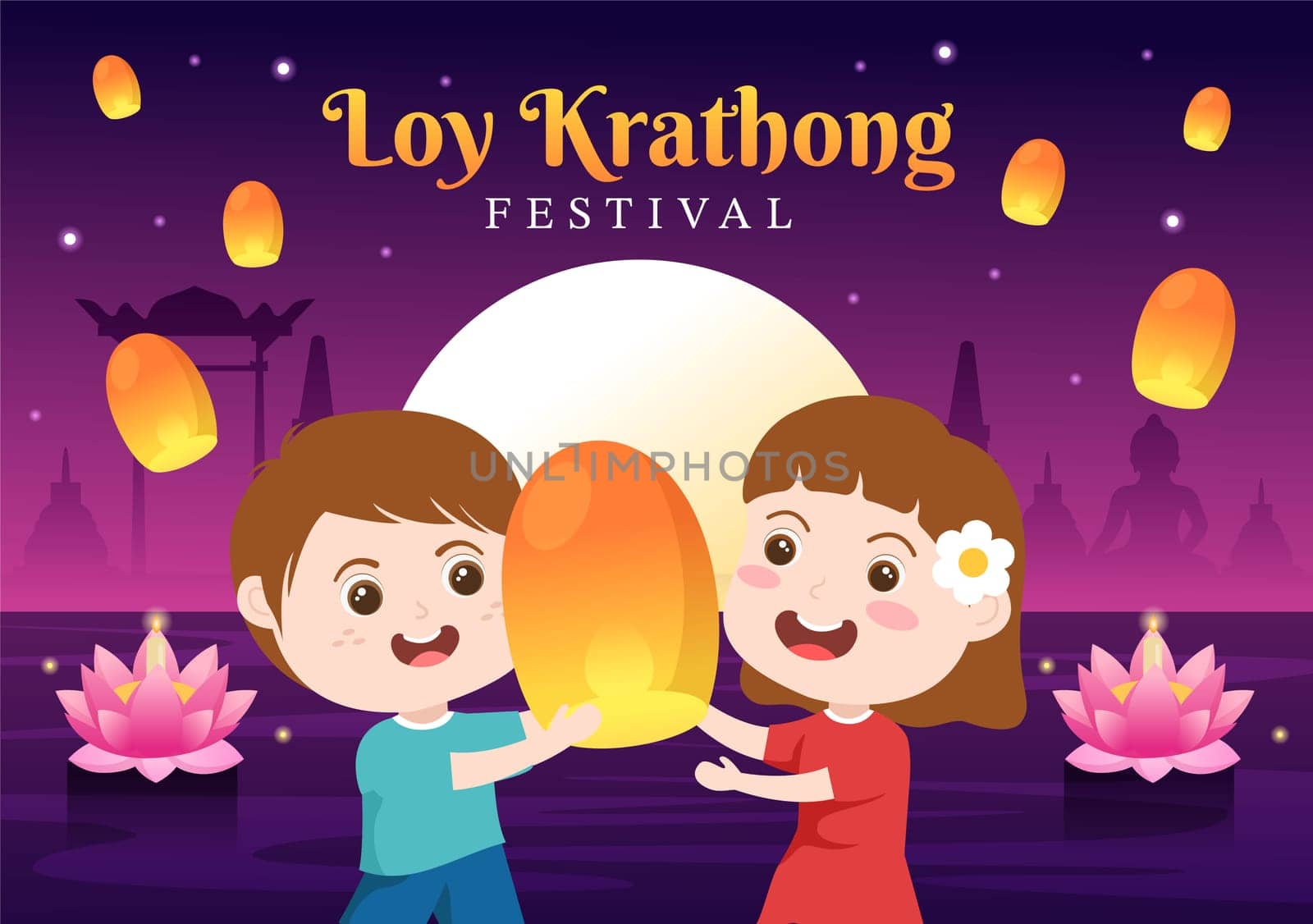 Loy Krathong Festival Celebration in Thailand Template Hand Drawn Cartoon Flat Illustration with Lanterns and Krathongs Floating on Water Design