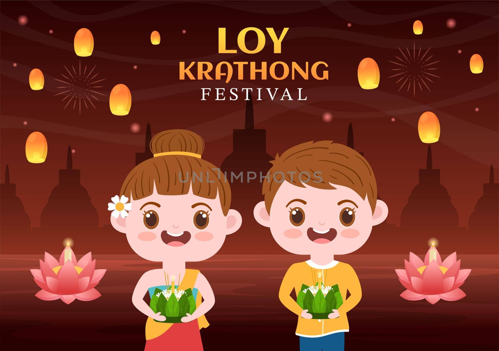 Loy Krathong Festival Celebration in Thailand Template Hand Drawn Cartoon Flat Illustration with Lanterns and Krathongs Floating on Water Design
