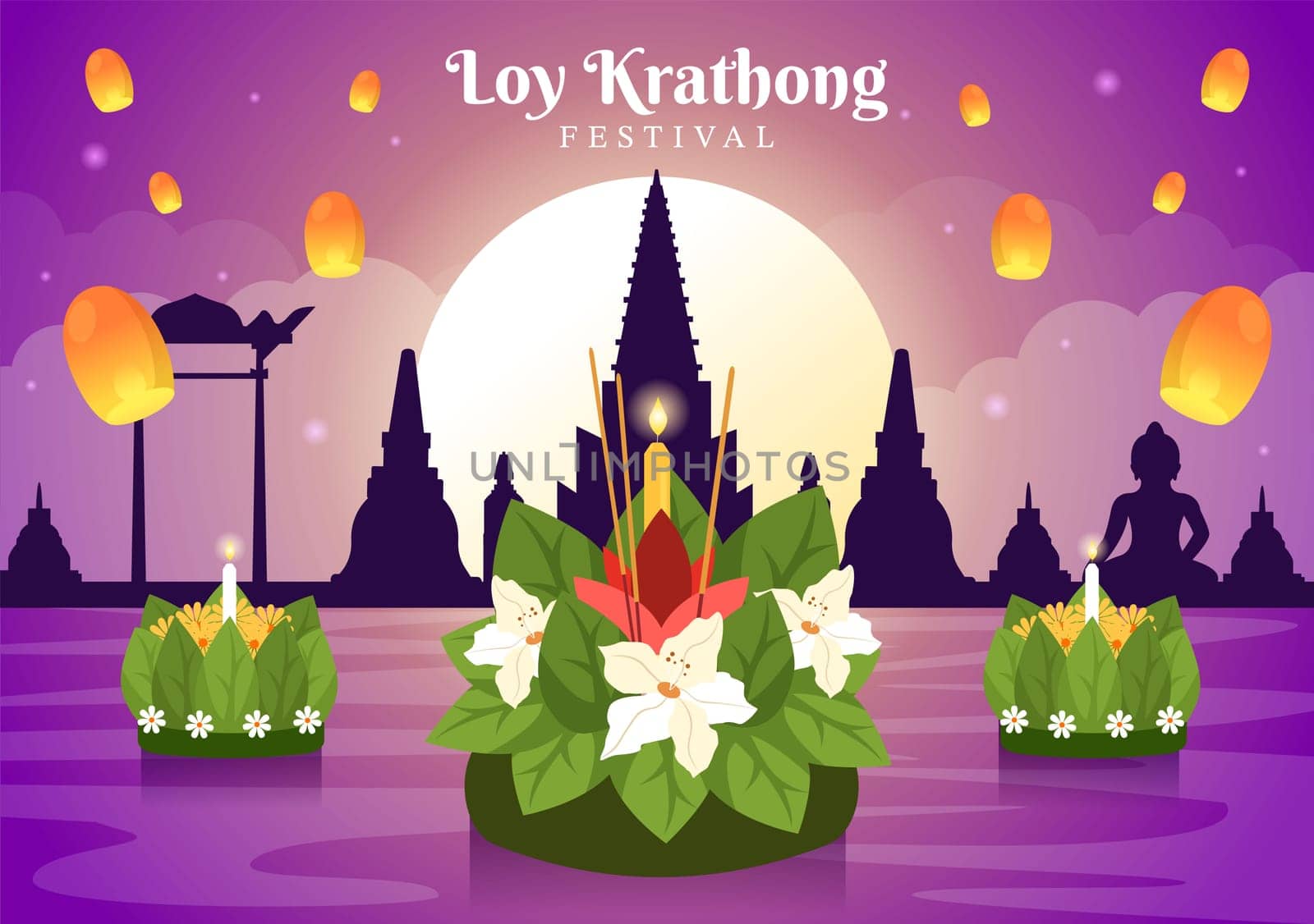 Loy Krathong Festival Celebration in Thailand Template Hand Drawn Cartoon Flat Illustration with Lanterns and Krathongs Floating on Water Design