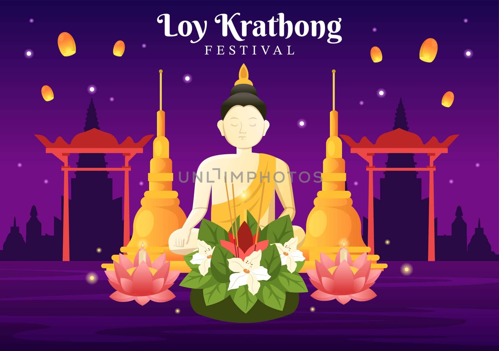 Loy Krathong Festival Celebration in Thailand Template Hand Drawn Cartoon Flat Illustration with Lanterns and Krathongs Floating on Water Design