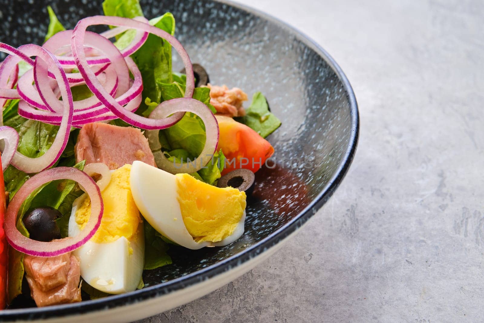 Closeup view of salad with lettuce, salmon, tomato, boiled egg and onion with olives