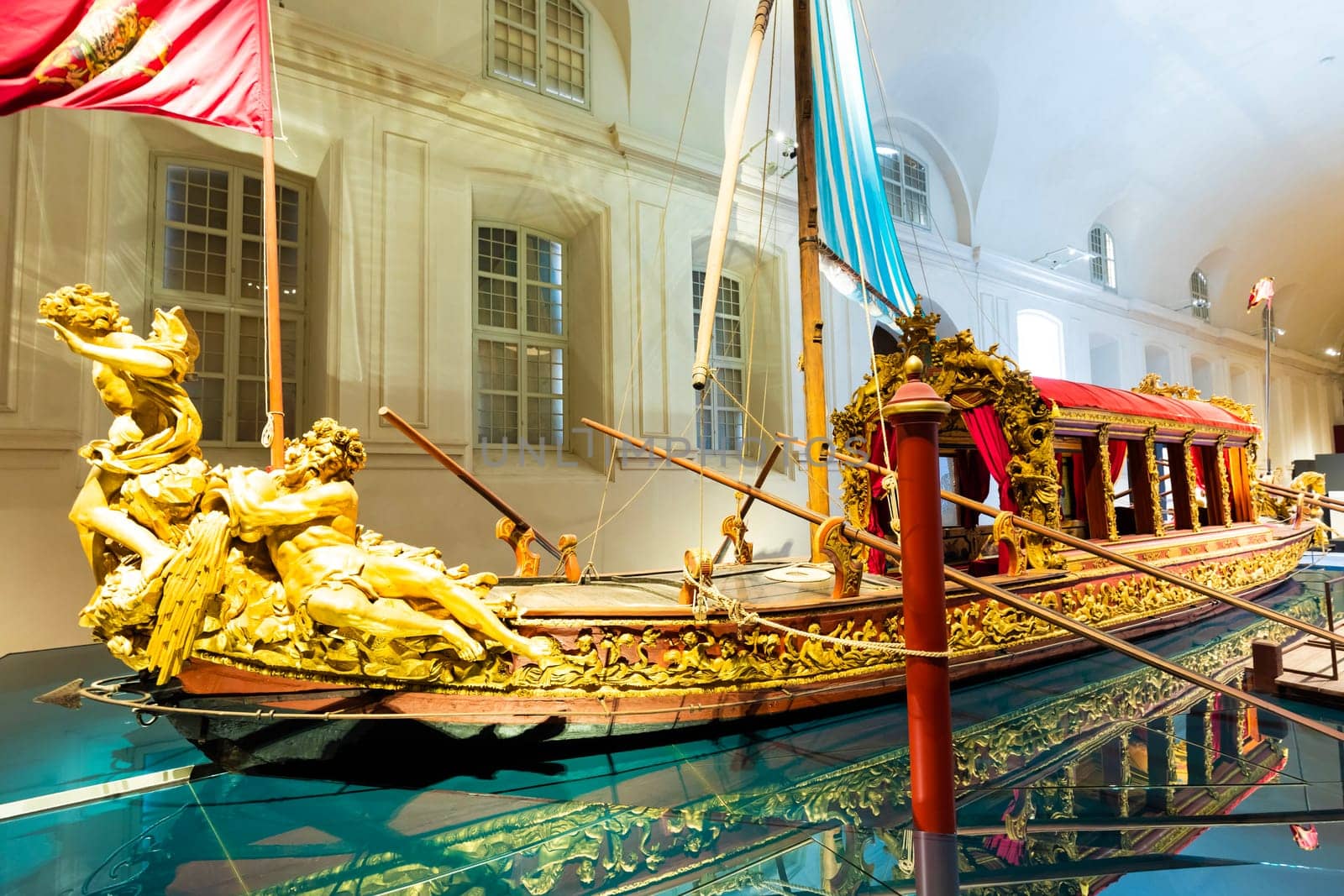 VENARIA REALE, ITALY - CIRCA MAY 2021: the Bucentaur (Bucintoro, 1729). Antique Royal ship of Savoia family.