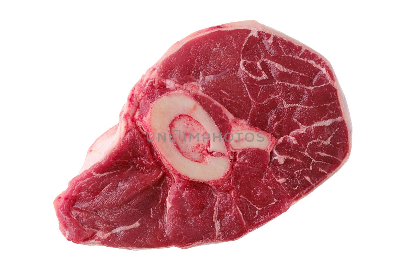 Overhead view of raw beef shank cross cut, ossobuco isolated on white background